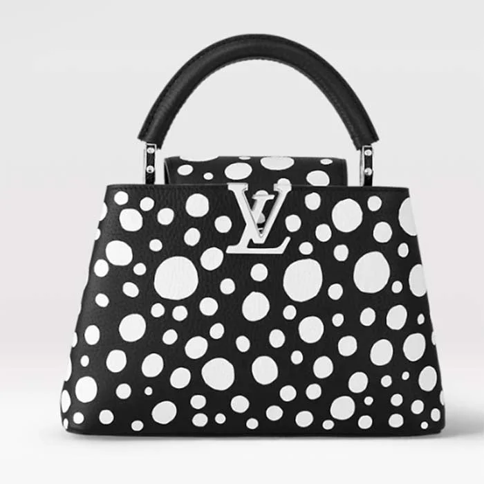 Louis Vuitton crossbody bags with a printed floral pattern for femininityLouis Vuitton Women LV x YK Capucines BB Black White Taurillon Bull Calf Leather Infinity Dots Print