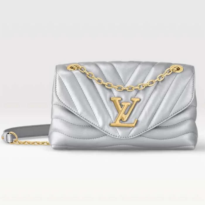 Ladies Louis Vuitton shoulder bags with a single - handle silhouetteLouis Vuitton LV Women New Wave Chain Bag MM Metallic Gray Quilted Cowhide Leather