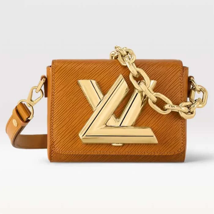 Louis Vuitton crossbody bags in a bold red color for a statementLouis Vuitton Women Twist Lock XL Gold Brown Epi Cowhide Leather Microfiber