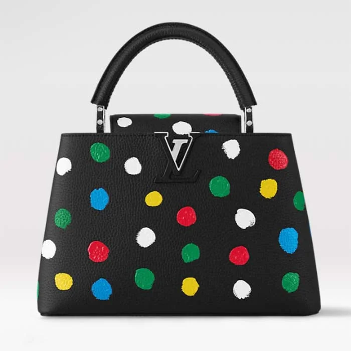 Louis Vuitton backpacks with a sleek, minimalist design for styleLouis Vuitton Women LV x YK Capucines MM Black Taurillon Bull Calf Leather 3D Painted Dots Print