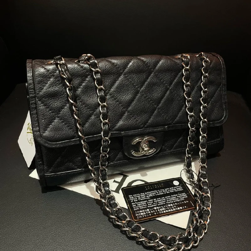 Chanel Classic Black Silver Chain Flap Bag 25.5cm