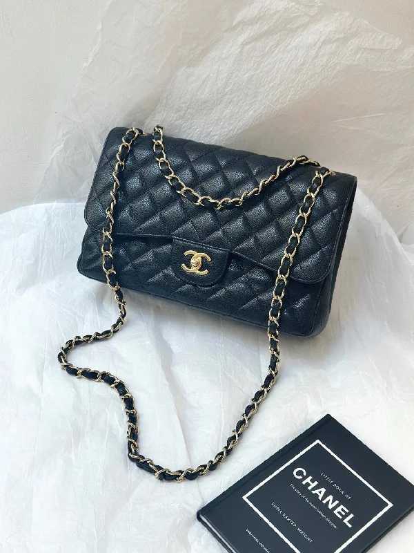 Chanel Jumbo CF Black Caviar Leather Gold Lock Handbag