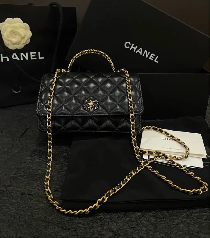 Chanel Black Sheepskin Logo Handle Flap Bag 24C