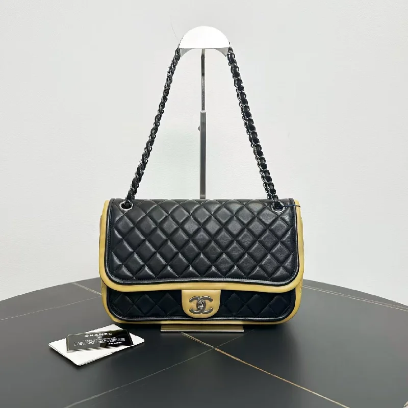 Chanel Jumbo Black Beige Quilted Leather Shoulder Bag