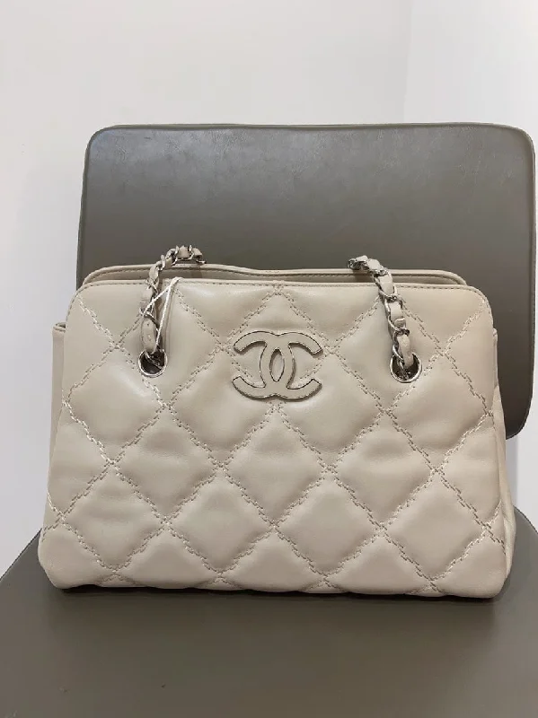 Chanel Beige Quilted Leather Chain Tote Bag Medium