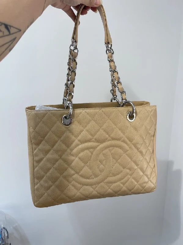 Chanel GST Beige Caviar Leather Quilted Tote Bag Medium with Card