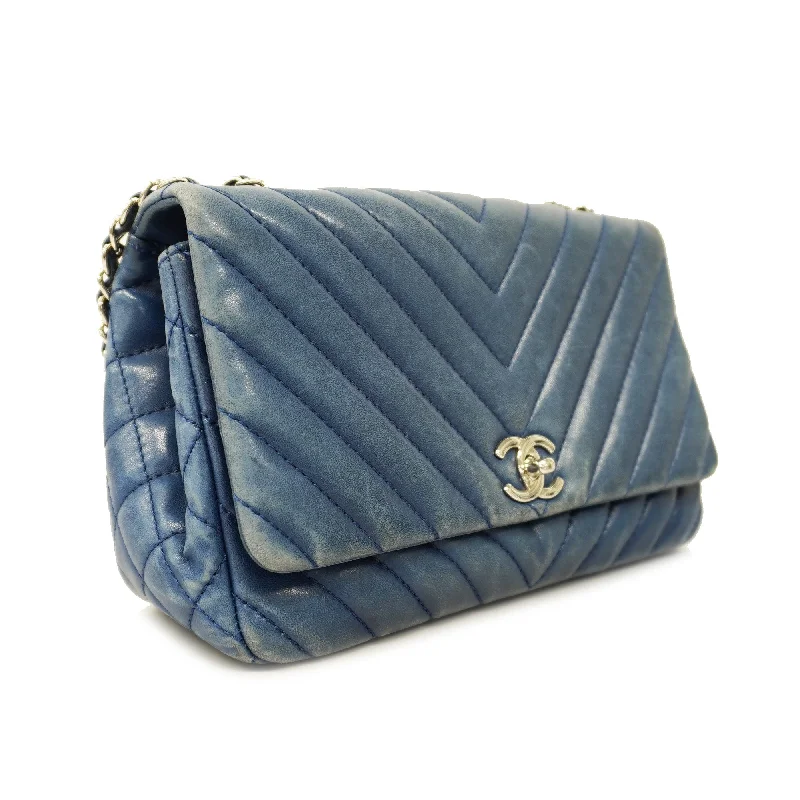 CHANEL  V Stitch W Flap W Chain Women's Leather Shoulder Bag Blue