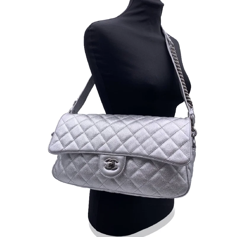 CHANEL Airline 2016 Silver Metal Quilted Leather Easy Flap Shoulder Bag