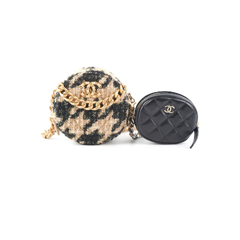 Chanel 19 Houndstooth Tweed Round Clutch Beige