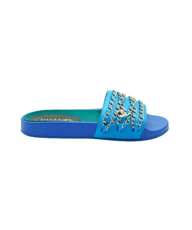 Chanel Blue Chain Satin Sliders ALC1920