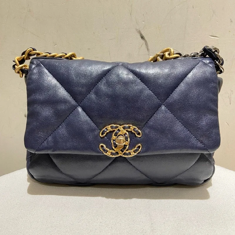 Chanel 19 Navy Leather Quilted Flap Bag Small