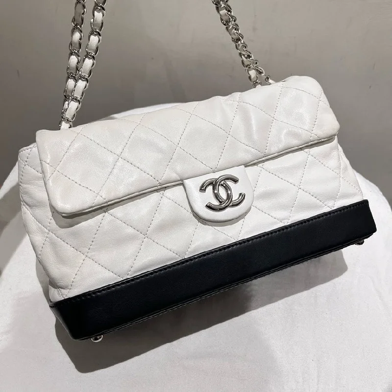 Chanel Gabrielle White Black Calfskin Quilted Chain Bag Limited Edition Medium