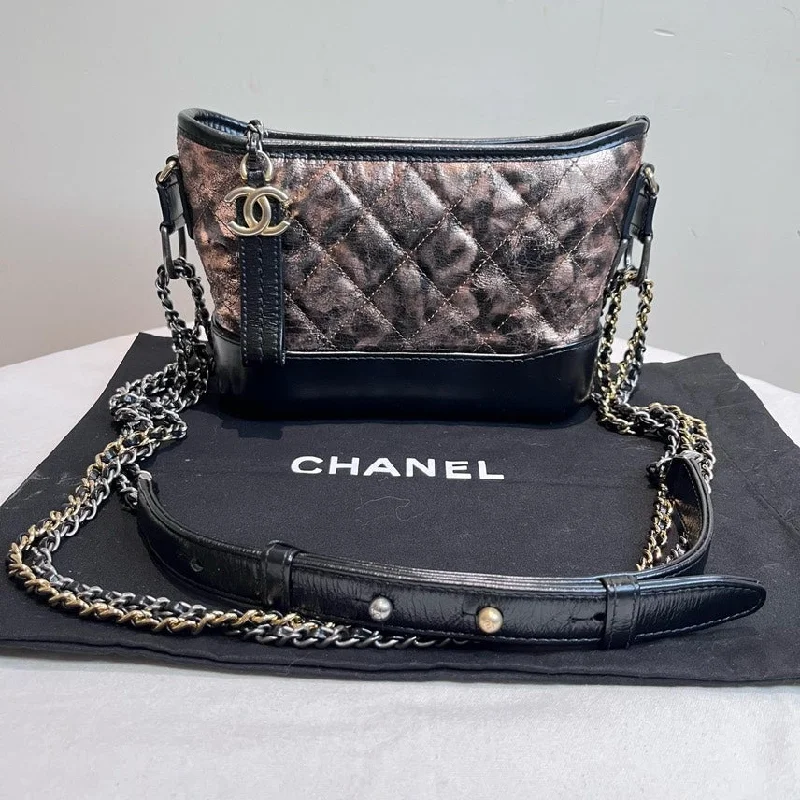 Chanel Gabrielle Small Quilted Black Metallic Leather Shoulder Bag