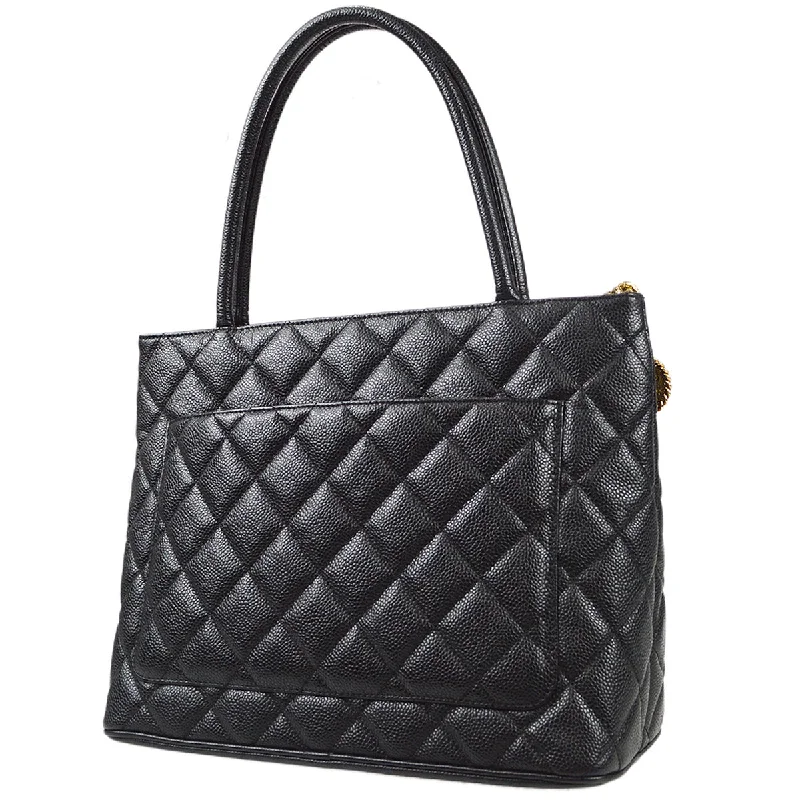 Chanel Medallion Quilted Tote Handbag Black Caviar