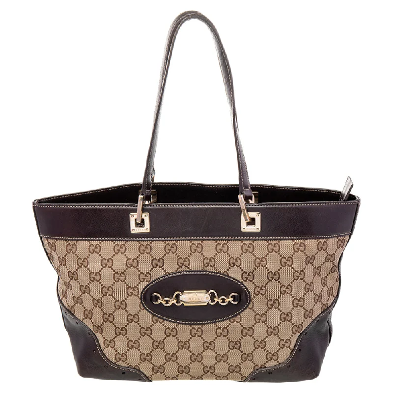 Gucci handbags for women with a metal - framed claspGucci Beige/Brown GG Canvas and Leather Tote