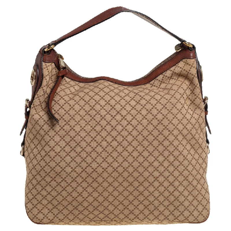 Women Gucci crossbody bags with a woven leather strapGucci Beige/Brown Diamante Canvas and Leather Village Double G Hobo