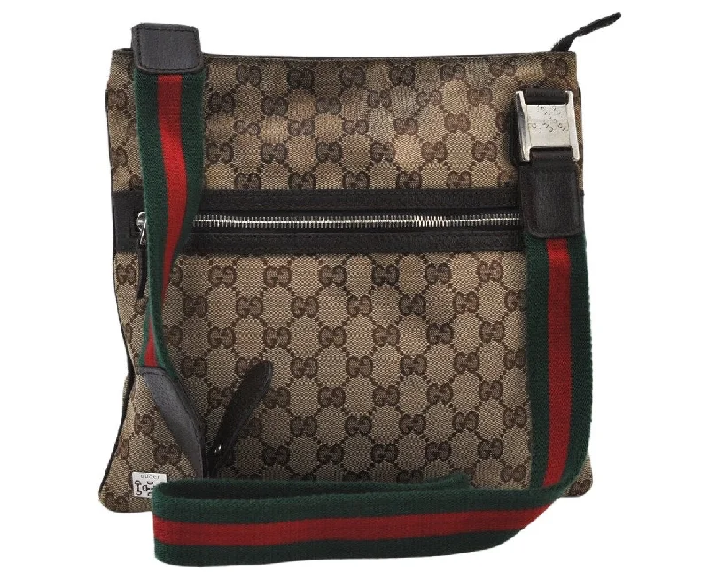 Women Gucci crossbody bags with a woven leather strapAuth GUCCI Web Sherry Line Shoulder Bag GG Canvas Leather 145809 Brown 8508I