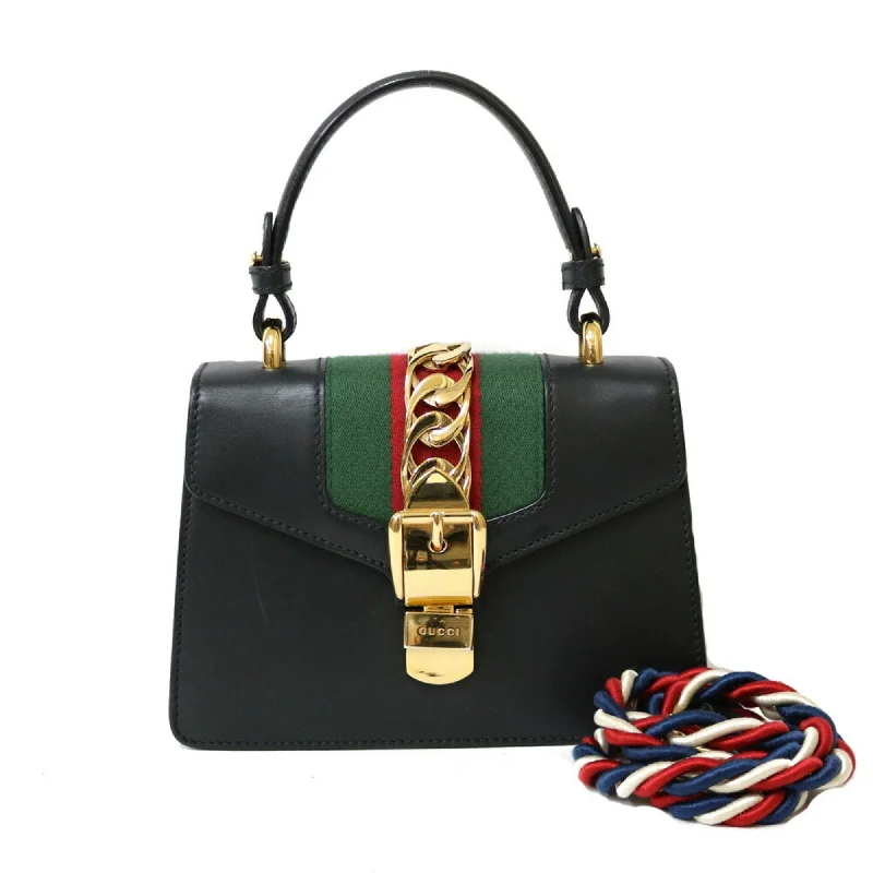 Women Gucci Sylvie bags with a crystal - embellished web stripeGucci Sylvie Mini Handbag Shoulder Bag Black Ladies