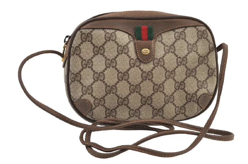 Gucci Marmont bags for women with quilted leather exteriorsAuthentic GUCCI Web Sherry Line Shoulder Bag GG PVC Leather Brown Junk 9618I