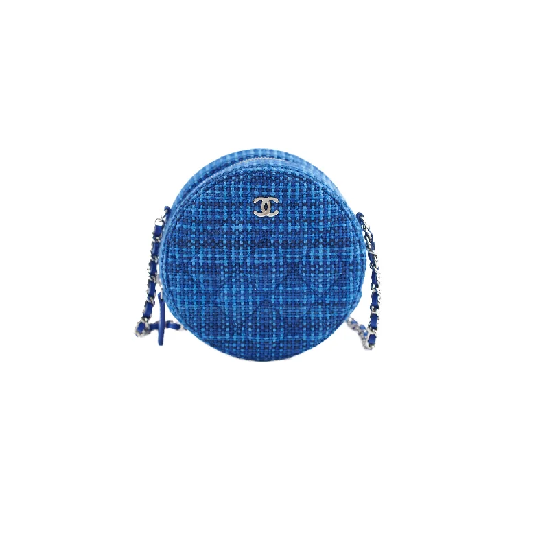 Chanel CC Tweed Mini Round Clutch with Chain Blue 2019