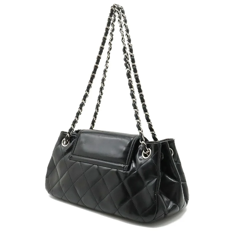 CHANEL 2.55 Matelasse W Chain Bag Shoulder Patent Leather Black