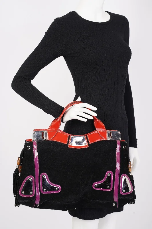 Women Gucci bags with a detachable mobile phone holderGucci Race Tote Black / Purple / Red Suede Medium