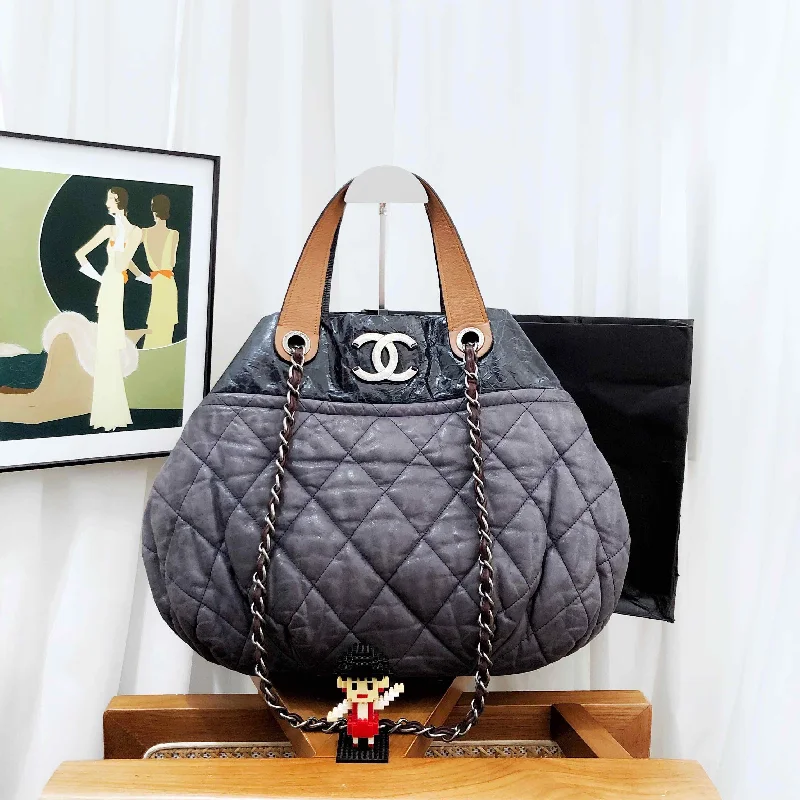 Chanel Quilted Two-Way Bag Black Gray Medium Leather Handles 2010 2011