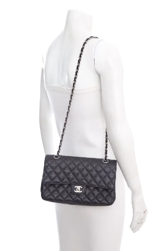 Chanel 2016 Black Caviar Double Flap Handbag with Silver Hardware