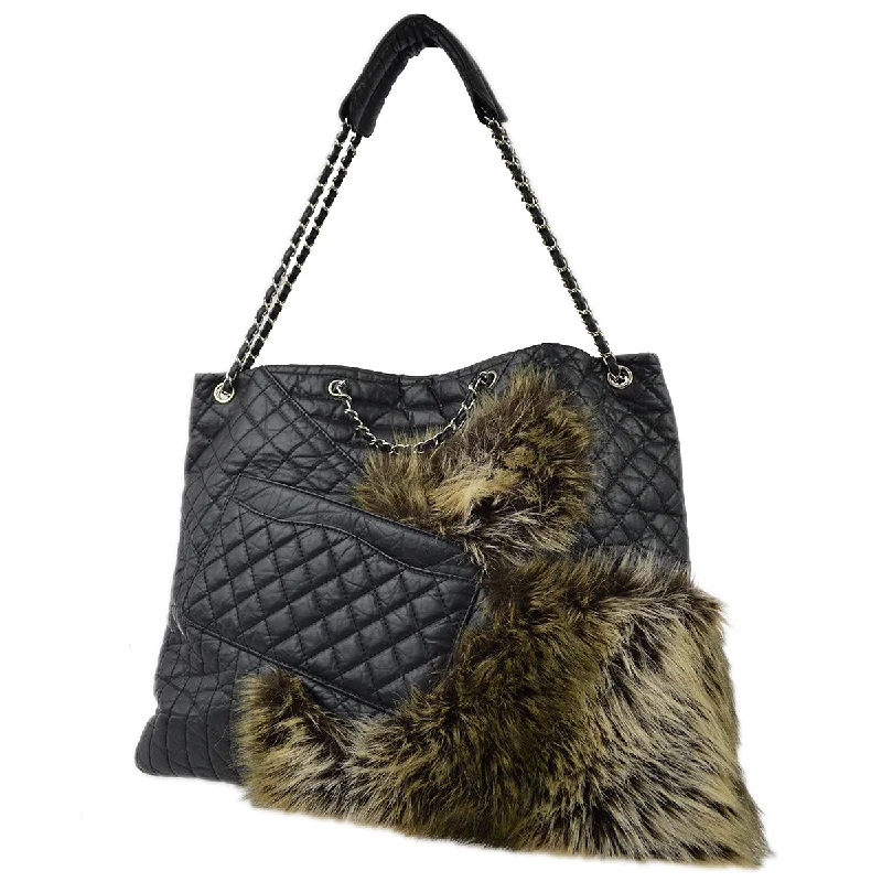 Chanel * Black Calfskin Fur 2way Shoulder Tote Handbag