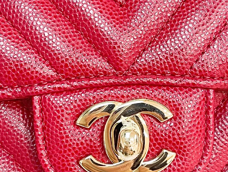 Chanel 18B Mini Square Raspberry Red Chanel Chevron Caviar with light gold hardware