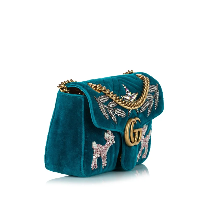 Women Gucci crossbody bags with a woven leather strapGucci GG Marmont Matelasse Embellished Velvet Crossbody Bag (30293)