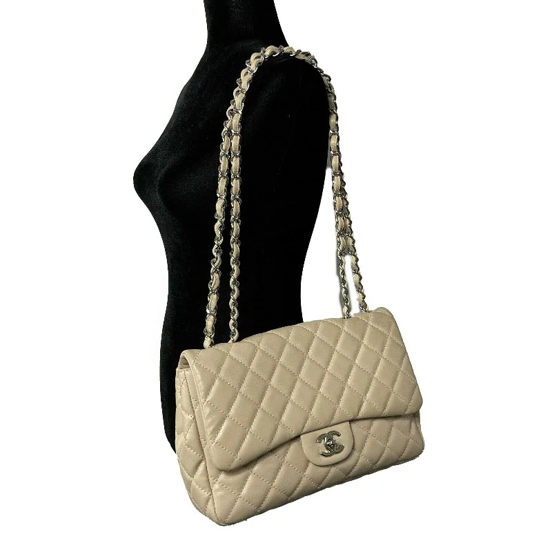 CHANEL - Jumbo Lambskin Quilted Single Flap - Beige / Silver Shoulder Bag