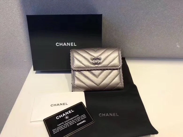 Chanel Silver Chevron Quilted Leather Wallet Compact