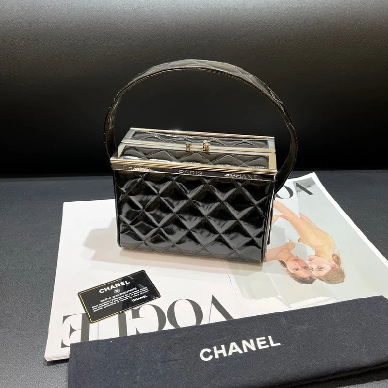 Chanel Black Patent Leather Quilted Handheld Box Bag