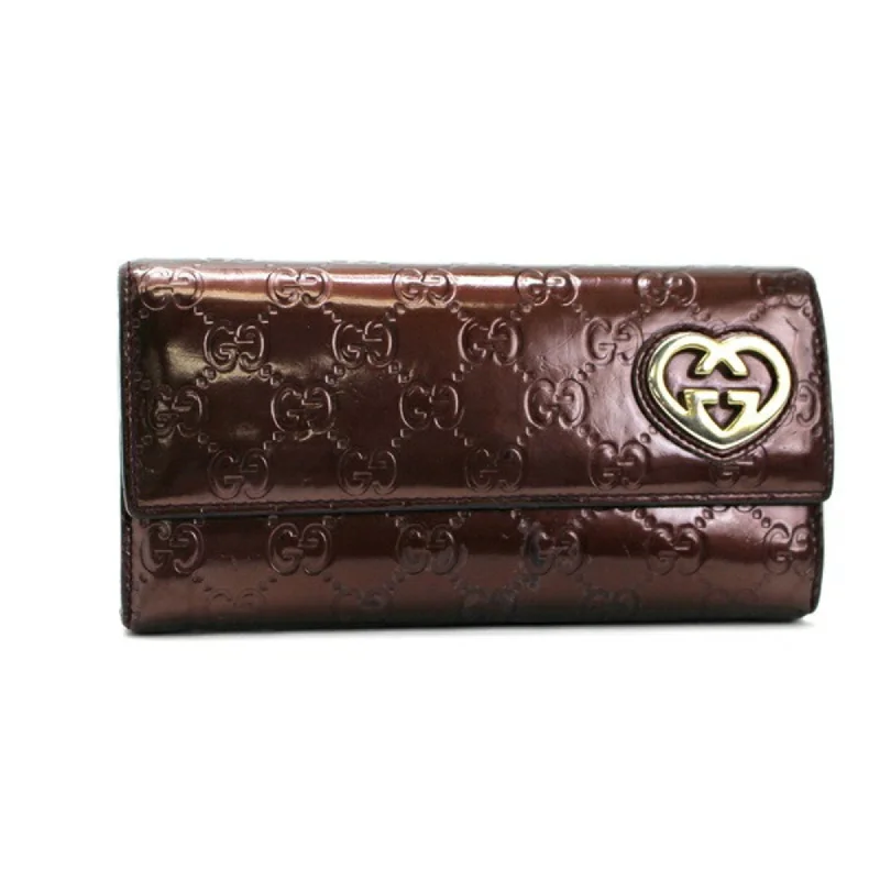 Women Gucci bags with a chain - link trim and a leather bodyGucci Shima Bi-Fold Wallet Lovely Heart Patent Leather Brown 251861 Ladies Logo Enamel