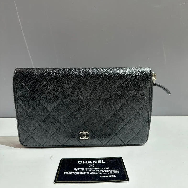 Chanel Black Caviar Leather Quilted Clutch Wallet With Card