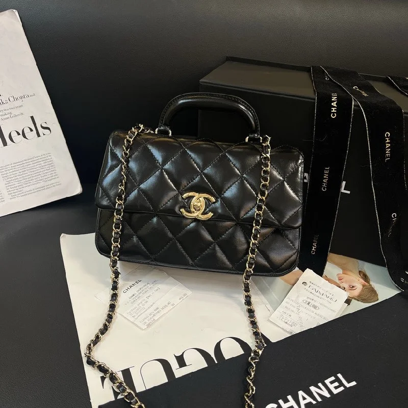 Chanel Black Gold Quilted Leather Chain Flap Bag 24C Early Spring Resort Collection