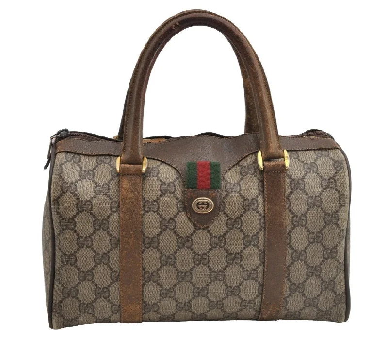 Women Gucci Sylvie bags with a detachable ribbon detailAuthentic GUCCI Web Sherry Line Hand Boston Bag GG PVC Leather Brown Junk 8272I