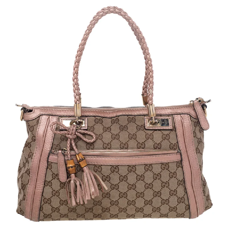 Women Gucci bags with a magnetic snap closure for easy accessGucci Beige GG Canvas and Leather Bell Satchel