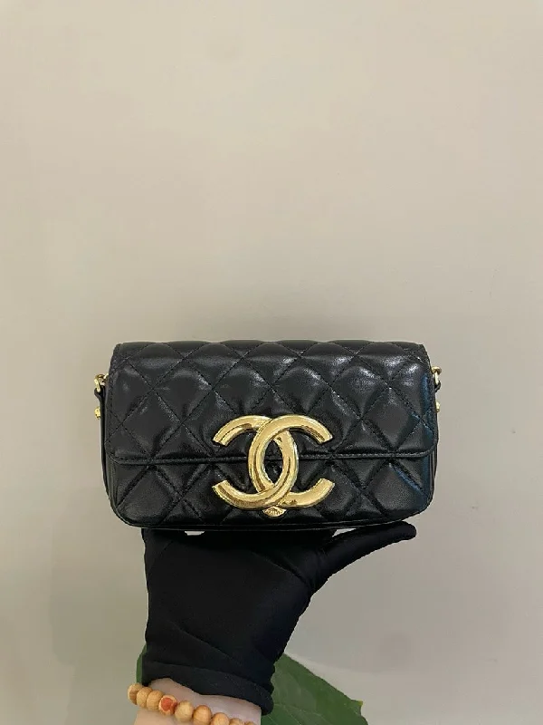 Chanel Black Lambskin Quilted Crossbody Bag With Dustbag