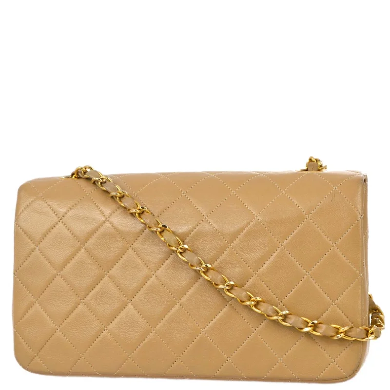 Chanel 1989-1991 Beige Lambskin Turnlock Small Full Flap Shoulder Bag