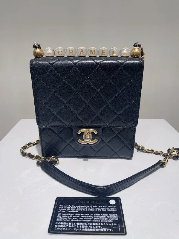 Chanel Black Acrylic Pearl Chain Quilted Shoulder Bag