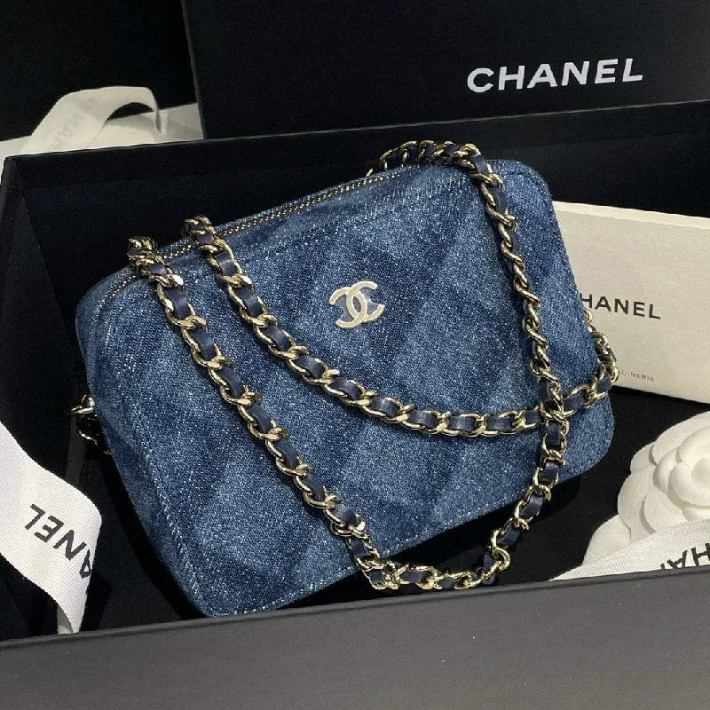 Chanel 22B Blue Denim Vanity Box Bag Microchip Chain Strap