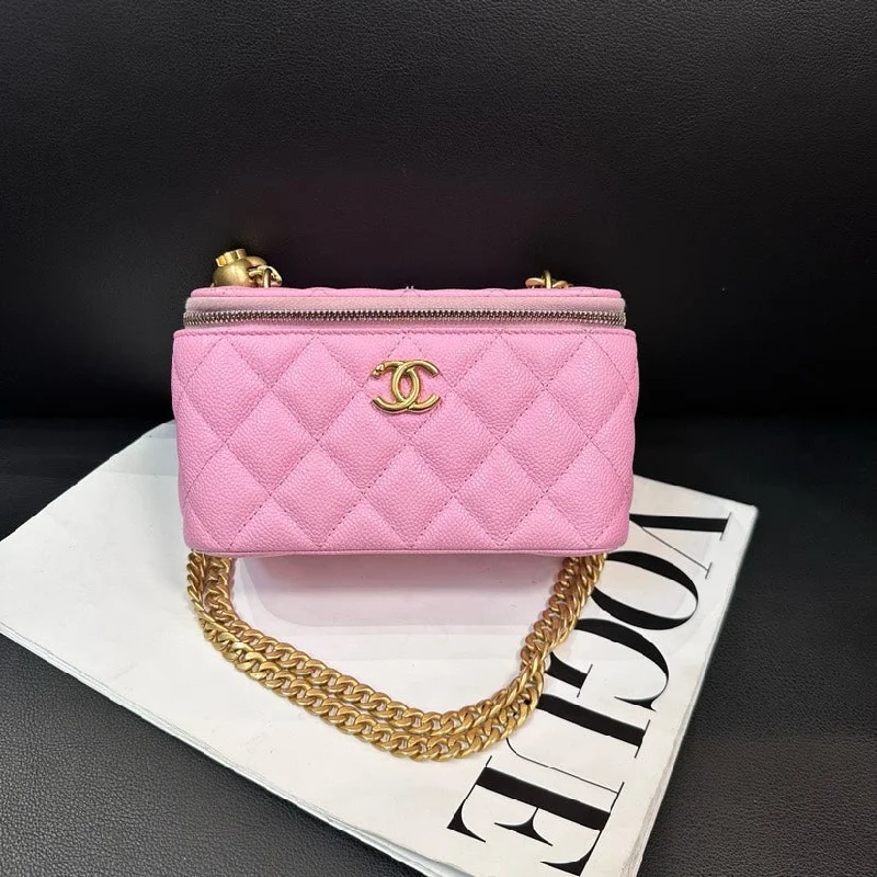 Chanel Pink Litchi Grain Box Bag Medium Quilted Leather Chain Strap