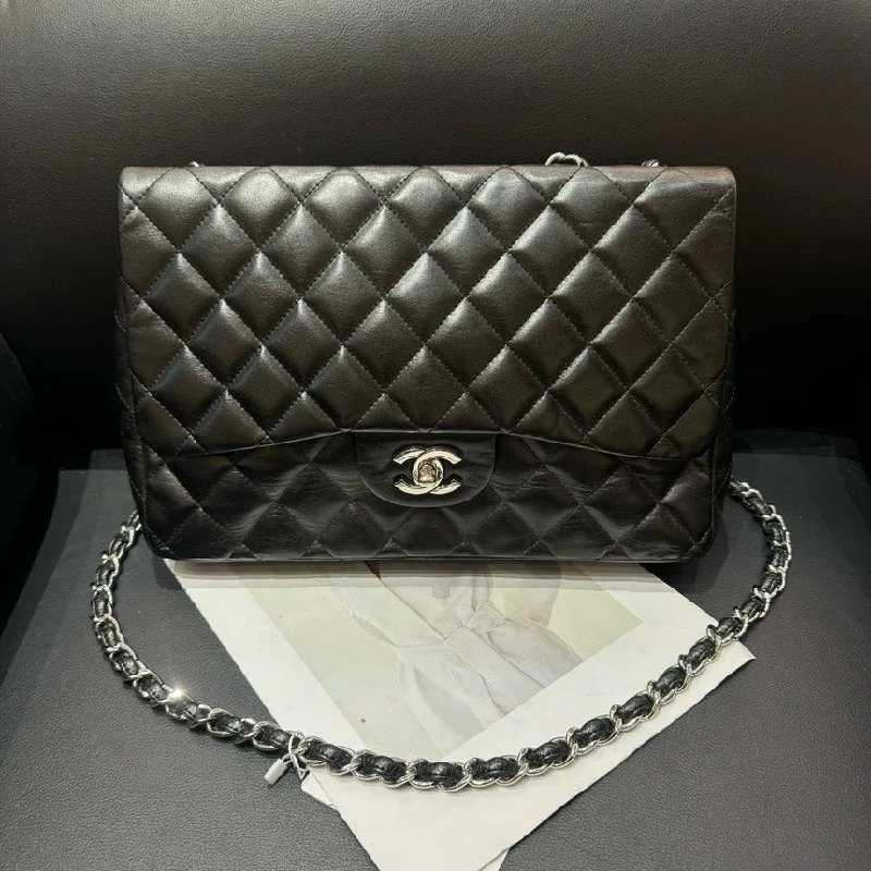 Chanel Jumbo Black Leather Silver Chain Crossbody Bag 30cm