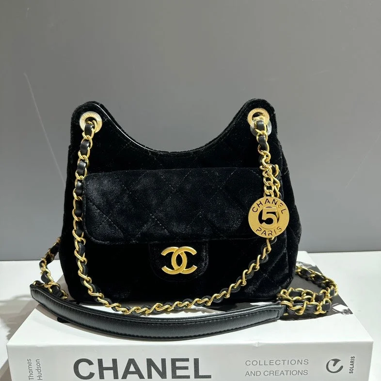 Chanel Black Velvet Quilted Shoulder Bag