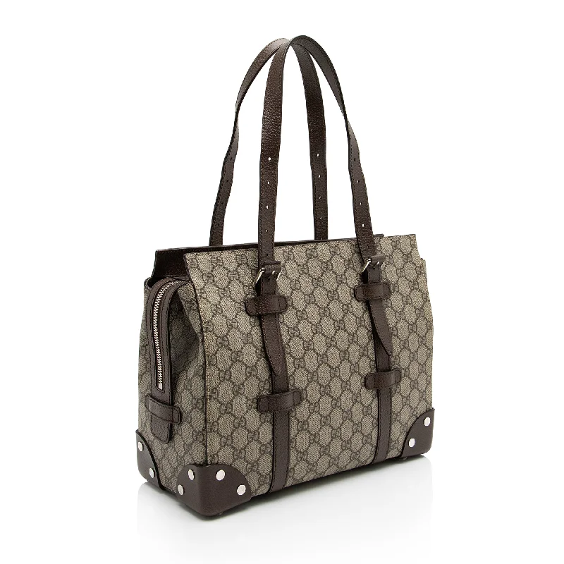 Women Gucci Sylvie bags with a crystal - embellished web stripeGucci GG Supreme Buckle Small Tote (2EWGYl)