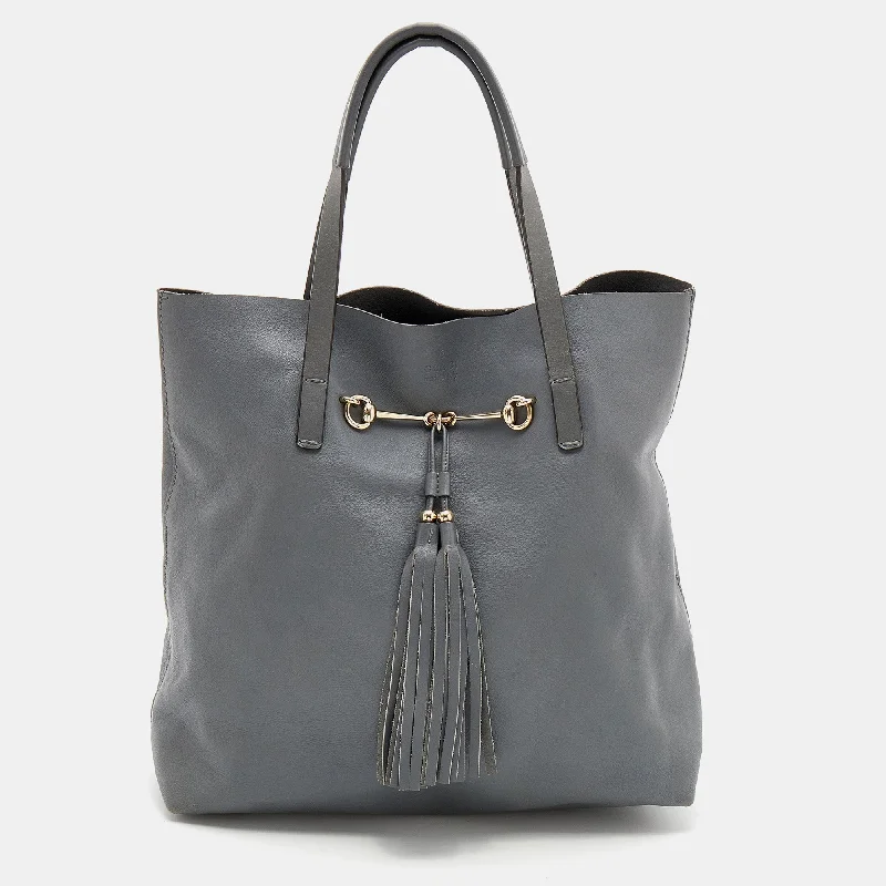 Ladies Gucci shoulder bags with a single - handle designGucci Ash Grey Leather Tassel Horsebit Tote