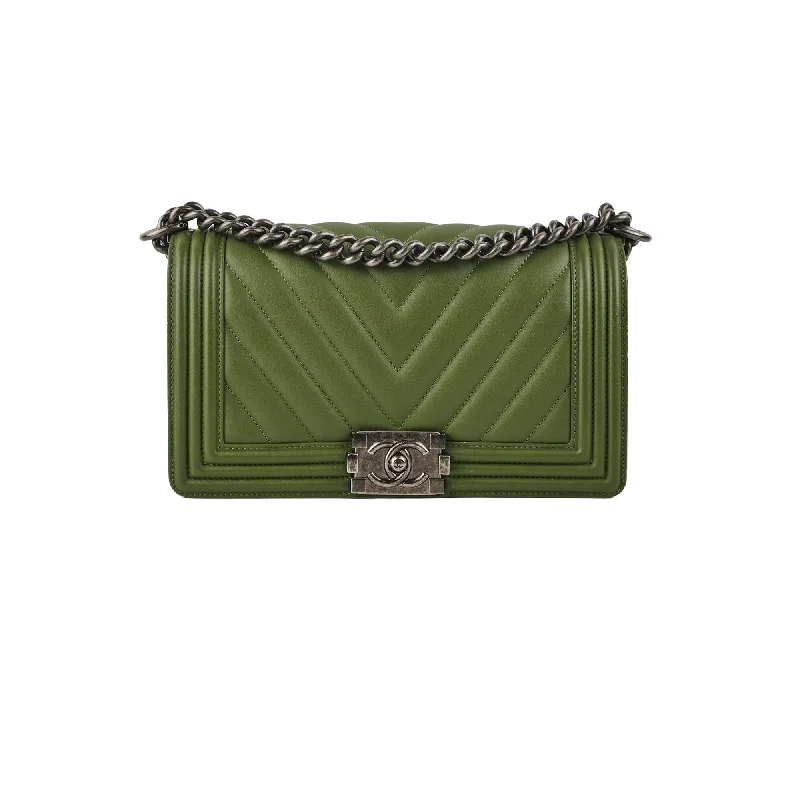 Chanel Old Medium Boy Lambskin Oilve Green