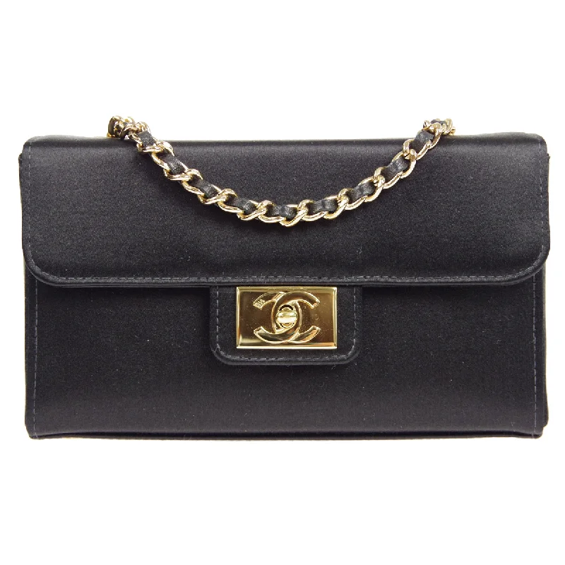 CHANEL * Double Chain Shoulder Bag Black Satin